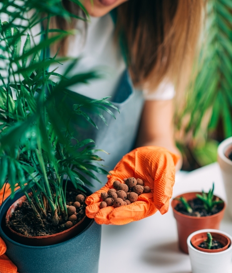 Blumen Risse, Sortiment, Pflanzen, Anzucht, Orange, Braun, Grau, Gefaeße, Tongranulat, Erde, Pflanzschutz, Pflege, Handschuh, Person