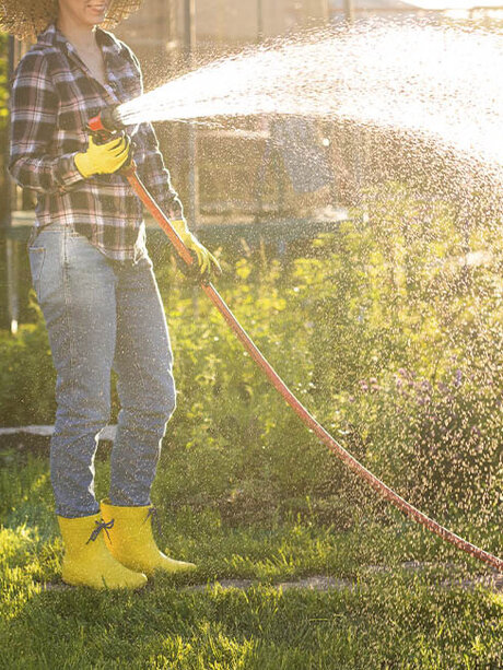 Blumen Risse, Sortiment, Garten, Gartentechnik, Bewaesserung, Gelb, Gruen, Rot-Orange, Gartenschlauch, Brause, Wasser, Frau, Garten, Bewaessern, Giessen